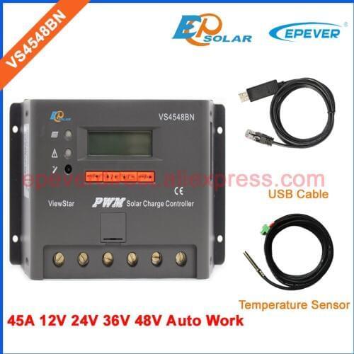 VS4548BN PWM system Solar power Controller 45A 36V 48V battery charger work USB cable&temp sensor LCD Display 12V/24V auto work