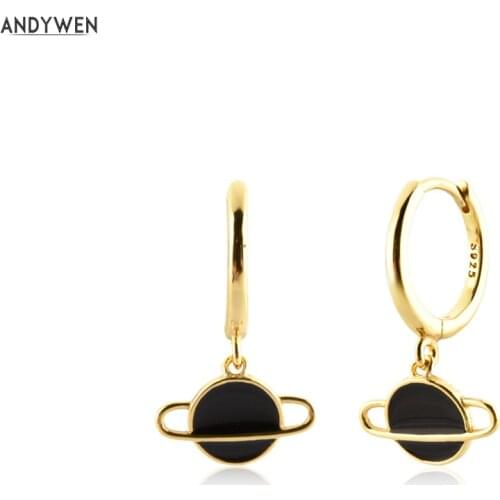 ANDYWEN 925 Sterling Silver Gold Black Enamel Globe Charm Drop Earring Dangle Piercing Pendiente Clips Jewelry For Women