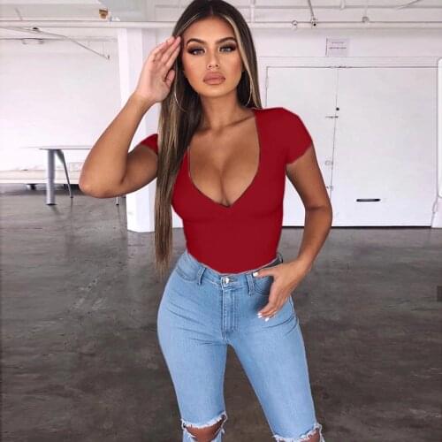 2021 Summer Fashion Streetwear Women Top Solid Color Short Sleeve Low-cut T-shirts Sexy Deep U-neck Tops Blusas Mujer De Moda