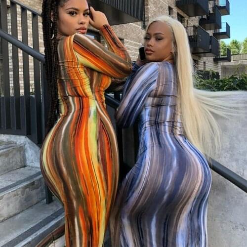 2021 long sleeve colorful print V-neck bodycon long dress spring women new fashion streetwear party elegant outfits