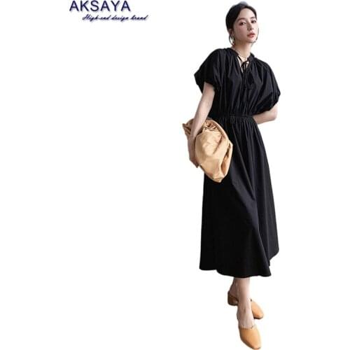 AKSAYA 2021 Summer New Arrival Women High-End White Puff Sleeve Vintage Dress Office Lady Elastic Waist Elegant Temperament