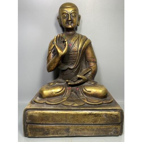 11"Tibet Buddhism Old Bronze mosaic Gem Burning lamp ancient buddha Jampa Buddha Sitting Buddha Enshrine the Buddha