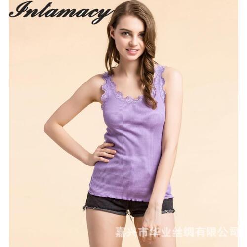70% Silk Rib Knitted Vest Cotton Lace Female Sexy Back Slim Sleeveless Shirt Sling