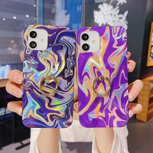 Watercolor Marble Phone Case with Stand for iPhone 12 11 Pro Max XR XS 7 8 Plus SE 2020 Ring Holder Laser Glitter Soft IMD Cover