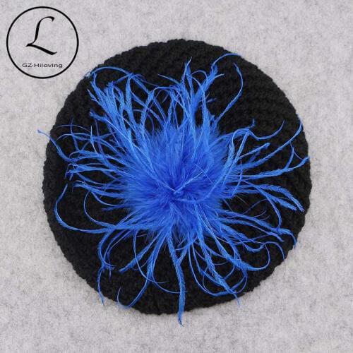 GZHilovingL Autumn Winter beret Caps For Women Femme Ostrich Feather Fur Pompom Beanies Beret hats 2018 Knitted Skullies Girls