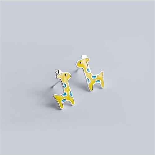 Korean Colorful Fashion Jewelry 925 Sterling Silver Creative Colorful Giraffes Animal Cute Stud Earrings for Women Girls SE076