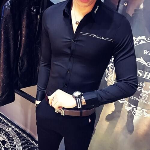 Spring New 2021 Korean Slim Fit Letter Embroidery Casual Shirts Men Long Sleeve Simple All Match Night Club Tuxedo Dress Black