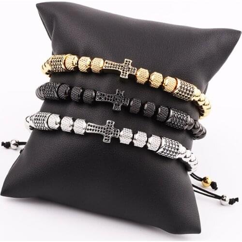 New Design Cross Bracelet Men Jewelry Gold Plated Stainless Steel Beaded CZ Pave Charm Macrame Adjustable Bracelet Men