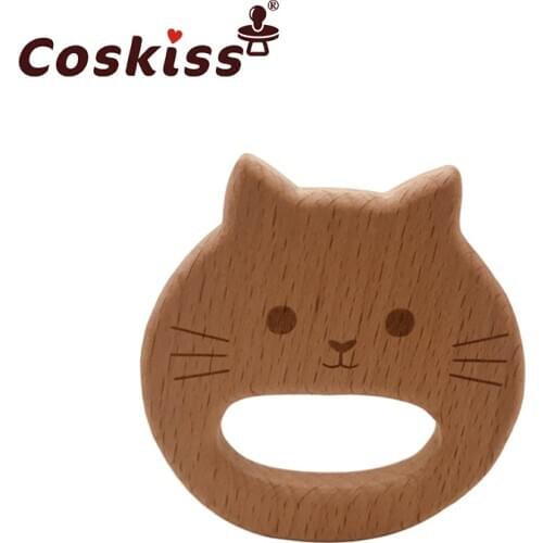 Organic Baby Teether Product Beech Wooden Cat Teether DIY Wood Personalized Pendent Eco-Friendly Safe Baby Teething Chew Toys