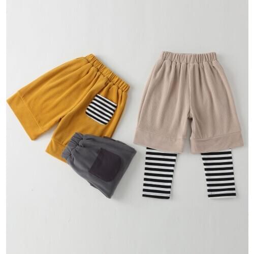 Autumn Winter Kids Trousers 2021 Childrens Fashion Striped Fake Two Pants Korean Boys Girls Corduroy Warm Pants Baby Trousers