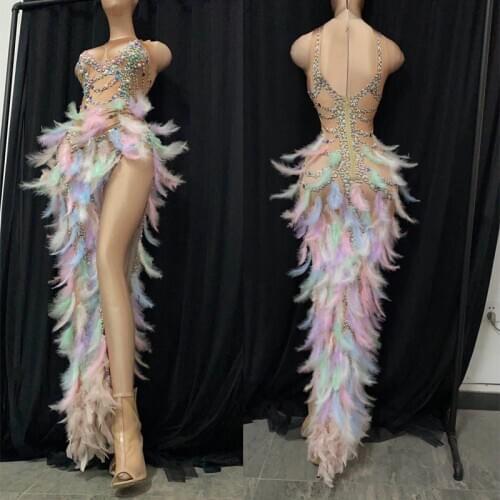 Colorful Feather Dress For Women Singer Stage Show Outfit Crystal Stone Club Entertainer Party Dress Prom Social Costume DB2164