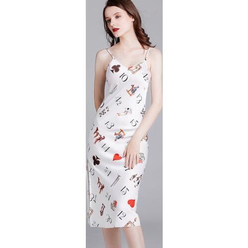 Silky Satin Lady Nightdress Poker Print Spaghetti Strap Long Nightgown Intimate Lingerie Summer New Sleepwear Home Dressing Gown