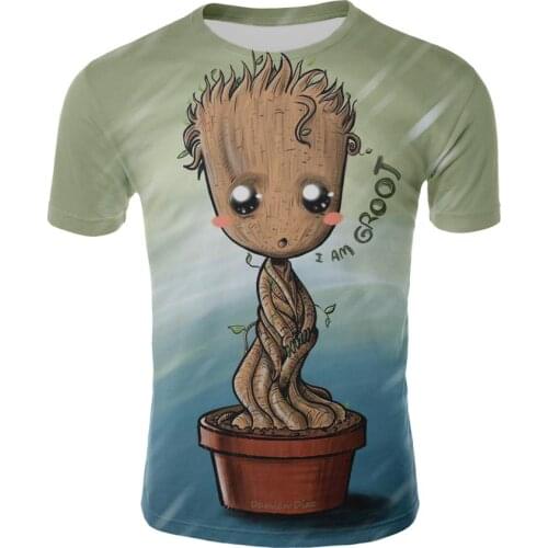 Cute childrens anime T-shirt Groot movie Men and women Guardians of the Galaxy T-shirt 3D printing Groot flower pot T-shirt