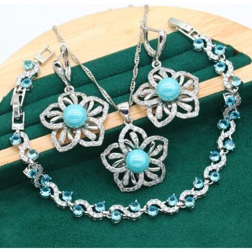 Wedding Silver Color Pearl Jewelry Set for Women Exquisite Blue Crystal Bracelet Earrings Necklace Pendant Christmas Gift Dubai