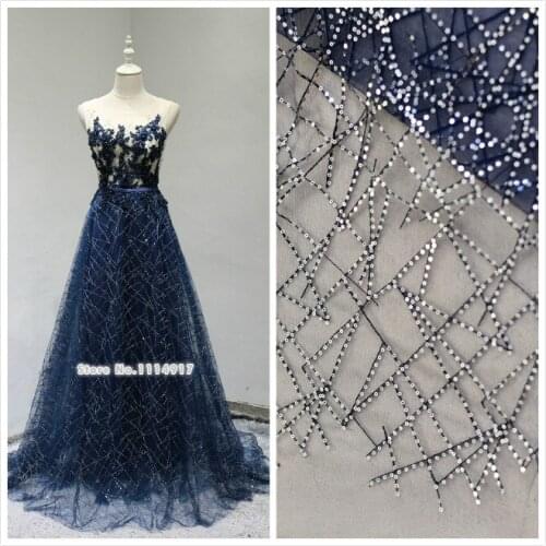 Navy blue/Red/Off-white Hard Mesh Sequins Embroidered Lace Fabric Stage Clothes Material DIY Handmade Width 150cm 1meter