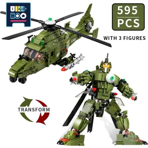 UKBOO 595PCS 2IN1 Military Weapon Mecha Building Blocks WW2 Helicopter Robot Army Figures Bricks Constructor Toys for Children
