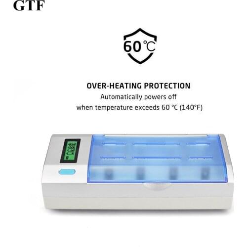GTF Universal Smart Multi-function Charger LCD Display for AA/AAA/C/D/9V Ni-MH Ni-CD Rechargeable Batteries with Claimshell