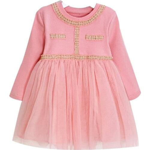 Girls Spring Dresses Plaid Patchwork Princess Baby Dress Children Clothing Long Sleeve Sweet Pink For Spring And Autumn