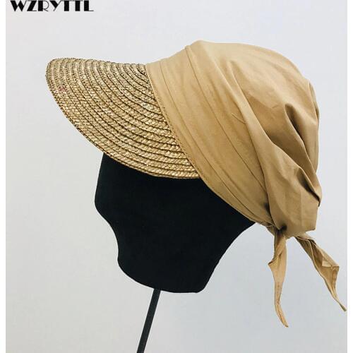 New Women Sun Cap Woven Straw Hat Visor Patchwork Breathable Cotton Turban Hat Baseball Style Summer Cap Casual Street Beach Cap