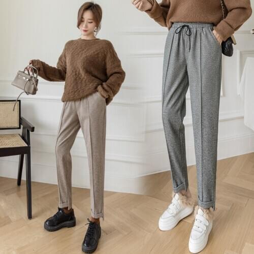 Womens Pencil Pants Autumn Winter Plus Size OL Style Thick Woolen Harem Pants Female Casual Drawstring Suit Pant Ankle Trousers