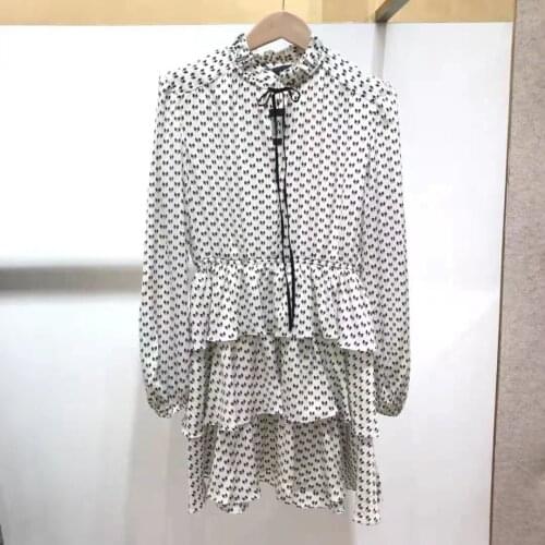 Bows Print Women Layered Ruffles Mini Dress 2021 Summer Autumn Elegant Long Sleeve V-Neck Lace-Up Short Robe