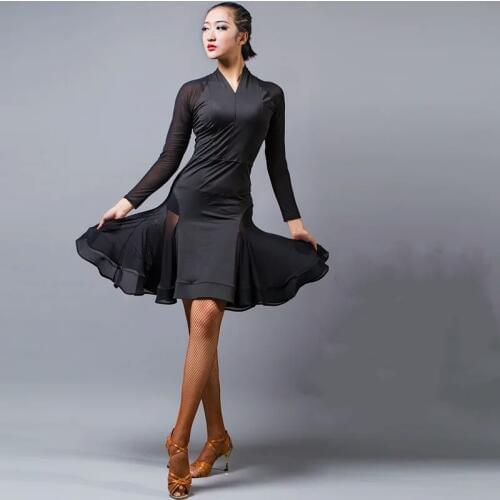 Professional black Lace latin dance dress woman rumba samba costume sexy Perspective stitching salsa dress competition costume