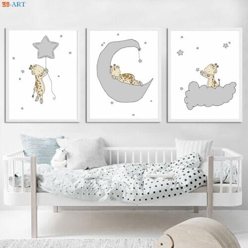 Giraffe Moon Stars Posters and Prints Minimalist Canvas Painting Wall Art Pictures To The Nursery Baby Room Decor No Frame