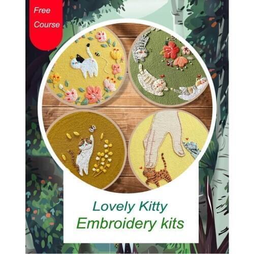 15cm Cute Cat Kitty European Embroidery Kits three-dimensional Embroidery Ribbon Kit stitchwork needlework For Beginner
