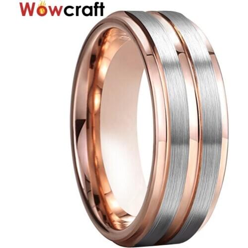 8mm Tungsten Wedding Bands Ring Rose Gold Top Brushed Finish with Stepped Edges Comfort Fit Rose Grooved Ring Jewelry