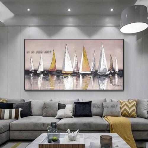 Abstract Handmade Landscape Oil Painting Wall Art Golden Boat Posters On The Wall Pictures Decoration Wall Living Room Decor