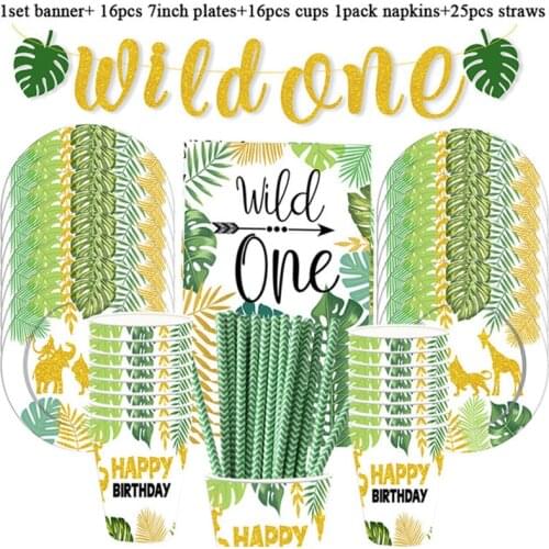 Wild One Disposable Party Tableware Safari Jungle First 1st Birthday Party Decoration Kids Paper Plate Cup Baby Shower Supplies