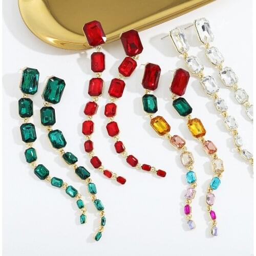 Dvacaman New Design Luxury Colorful Geometric Rhinestone/Crystal Tassel Long Drop Dangle Earrings for Women Wedding Jewelry 2021