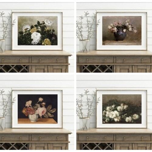 Flower Still Life Oil Painting Canvas Prints Yellow White Roses Green Leaves Vintage Poster Gallery Wall Art Pictures Home Decor