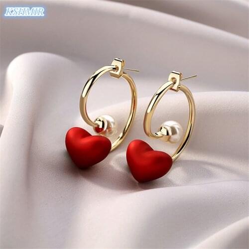 Kshmir red heart-shaped pearl female earrings Korean exaggerated temperament trend earrings wedding exquisite earrings wholesale
