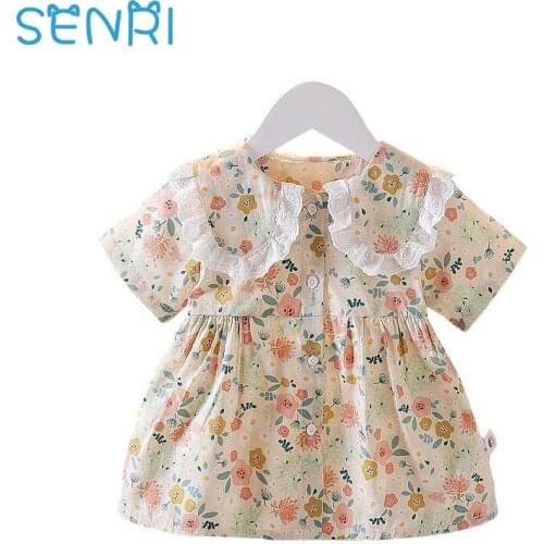 Summer Baby Girls Short Sleeve Lace Lapel Kids Dress Collar Floral Print Vintage Cotton Cardigans Children Dress Vestidos
