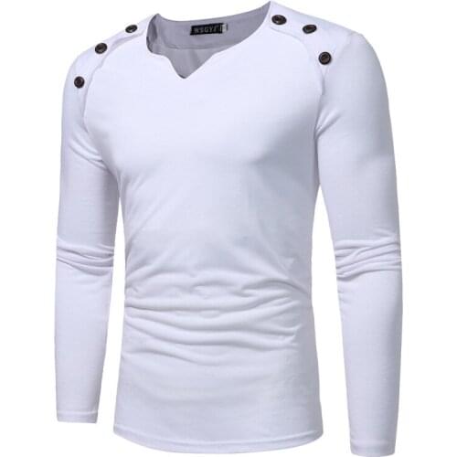 Mens T-Shirt Long Sleeve Solid Color Love Collar Pullover T-Shirt with Button Stitching Casual Slim Patchwork Bottoming Tops