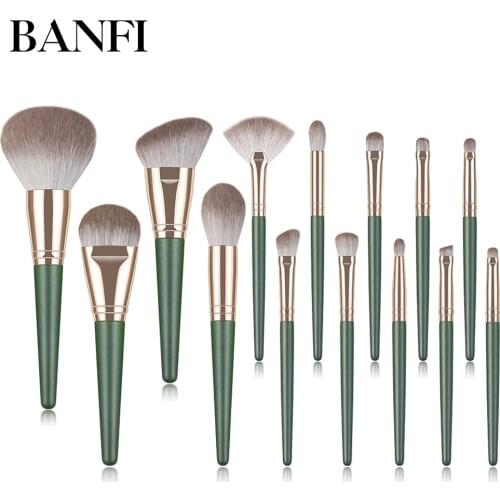 BANFI 14pcs Makeup Brushes Set Eyeshadow Powder Green Matte Wood Handle Concealer Cosmetic Eyebrow Beauty Tool