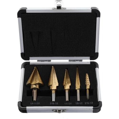 New 5pcs Titanium Plating 1/8-1-3/8 Inch Step Drill Bit Set Hole Puncher for Metal Wood Steel
