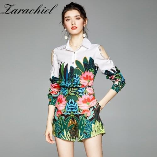 Autumn Runway Green Tropical Jungle Suit Set Women Sexy Off Shoulder Hollow Out Animal Flower Print Shirt Top and Shorts Set