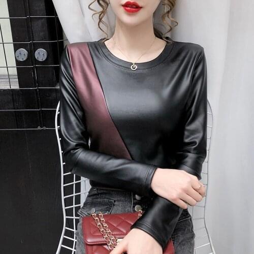 2021 Autumn Winter Patchwork PU Leather Soft T Shirt Women Plus Velvet Stretch Pullover Bottoming Shirt Long Sleeve Woman Tops