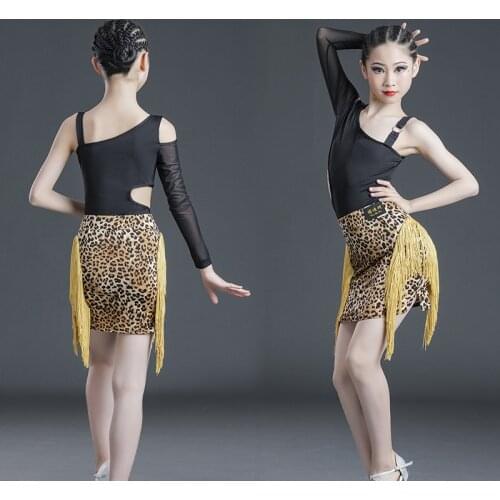 Girls Latin Dance Dress New Practice Clothes Children Spring Summer Professional Split Set Leopard Print Competition Dance Dress