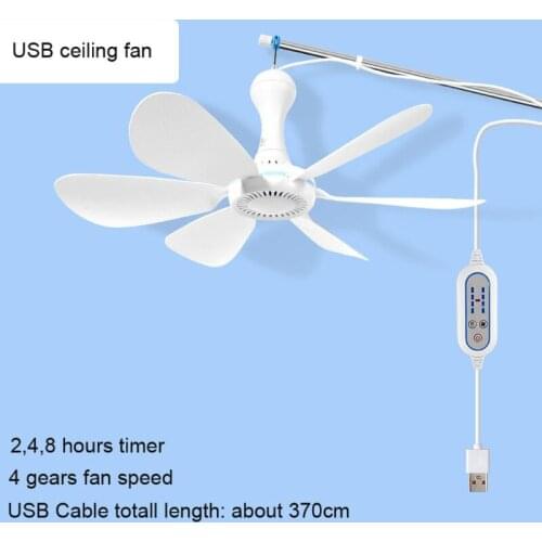 YAM 4 Speed 5V USB Travel Canopy Ceiling Fan 2/4/8 Hours Timer Silent 6 Leaves Hanging Fan for Outdoor Camping Home Bed Tent