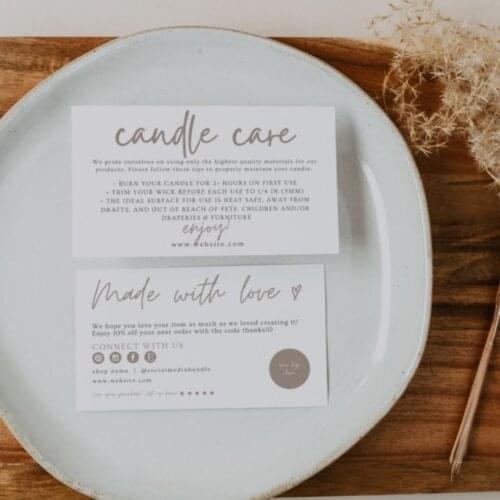Simple Care Card Package Insert, Boho Style Business Care Instructions, Candle Clothing Care Card