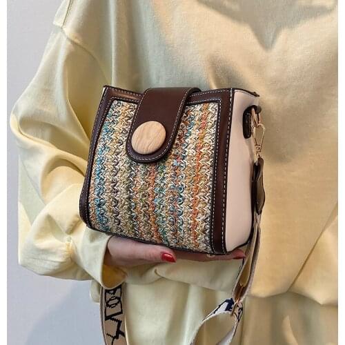 С доставкой Summer Straw Bucket Bags For Women 2021 Small fashion Shoulder Belt Ladies Crossbody Shoulder Handbags And Purses