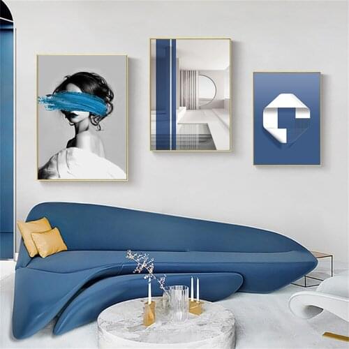 Blue Abstract Woman Poster Geometric Modern Painting Wall Art Poster Print Decorative Picture for Living Room Home Decoration