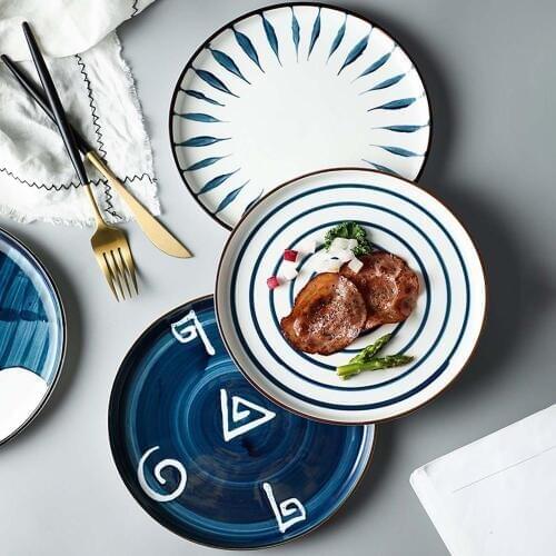 Ins Hot Ceramic Western Dinner Plates Creative Pattern Round Porcelain Dessert Plate Steak Salad Snack Cake Plates Tableware