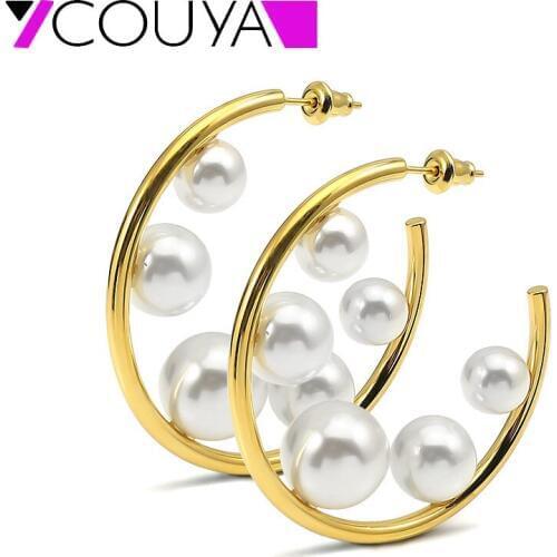 Exaggerated Big Round Circle Large Hoop Earrings Pearl Beads Gold stainless steel Earrings for Women Girls