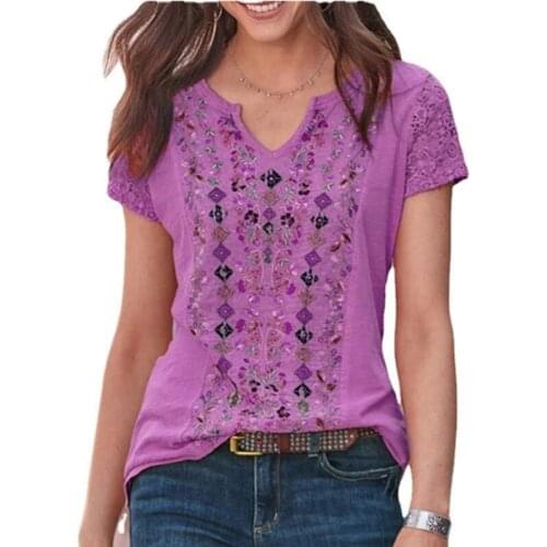 Summer Fashion Tunic Tops Women Vintage Print V-neck Short Sleeve T-shirt Female Casual Plus Size Pullover Tees