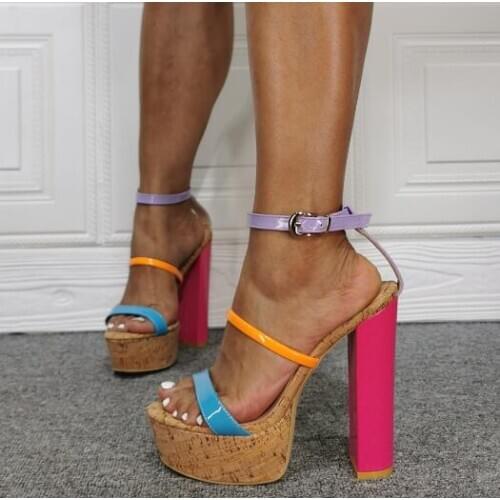 Drop Shipping Linamong Woman Fashion Patchwork Chunky Heels Sandals One Line Buckle Strap Platform High Heel Sandals Shoes Lady