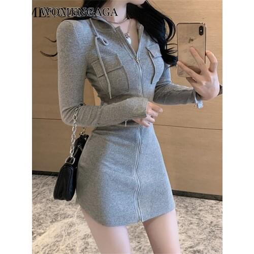 WOMENGAGA Autumn 2020 New Hooded Full Sleeve Zipper Buttock Temperament Slim Mini Dress Womens Dresses YKV1